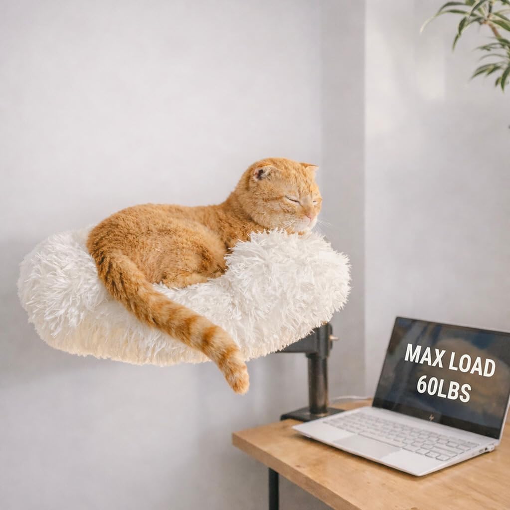 Cat Desk Bed with 360° Rotation & Height Adjustment, 60LB Capacity – Ultra-Plush Desk Mounted Perch Attachment, Table Cat Bed for Computer Desk, Washable Fluffy Hammock