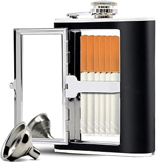 Stainless Steel Flask, Leak-proof Pocket Hidden Flask with Built-in Cigarette Case and Leather Wrapped Cover, Black Hip Flask and Mini Funnel Set for Liquor for Men and Women