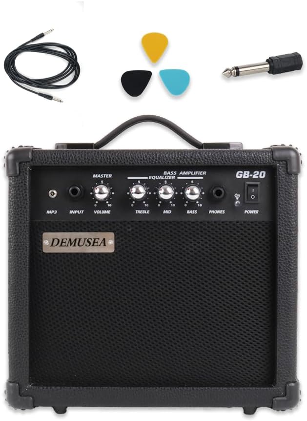 Electric Bass Amplifier 20w Bass Amp Black Color Treble Middle Bass and Mp3 Portable Size with Noiseless Cable Picks 6.5''into3.5'' Adapter Easy for Travel Practice for Beginner Starter (BLK)