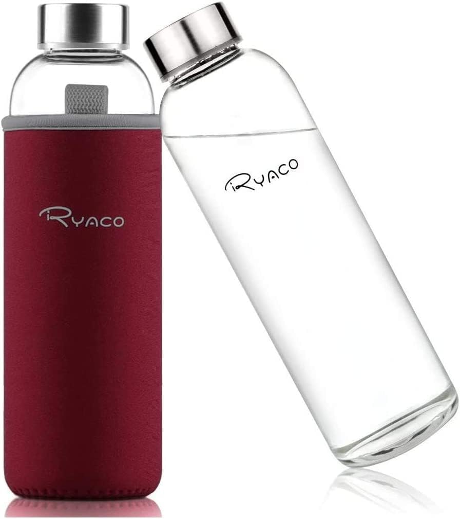 RYACO Glass Water Bottle 550ml/18oz,Borosilicate Glass Bottle with Neoprene Protective Case for Hot Cold Drinks,BPA-Free Leak Proof,Sport Water Bottles with Sponge Brush,Dishwasher Safe