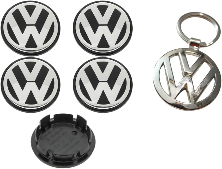 Set of V 4 Wheel Hub Covers and V Keyring - Ideal For, gifts, v accessories, w keyring (65 mm)