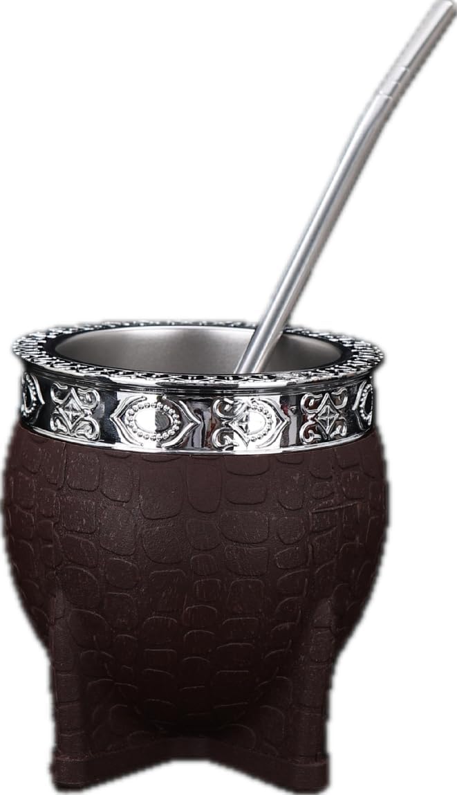 Mate Imperial Argentino Kit Mate, Taza de te Acero Inoxidable, With Straw Tea Gourd Mug One Bombilla (Straw), Wrapped Handmade Leather Ideal for Gift and Travel (brown)