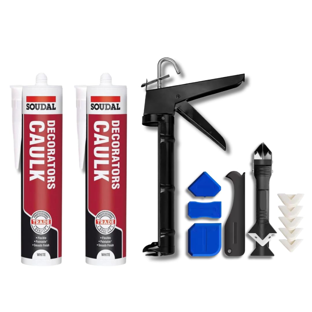 Decorators Caulk White Bundle: White Decorators Caulk Gap Filler Acrylic Silicone Adhesive Sealant 290ml 2x, Skeleton Caulking Gun, Silicone Sealant Finishing Tool and Threaded Nozzle with Cap