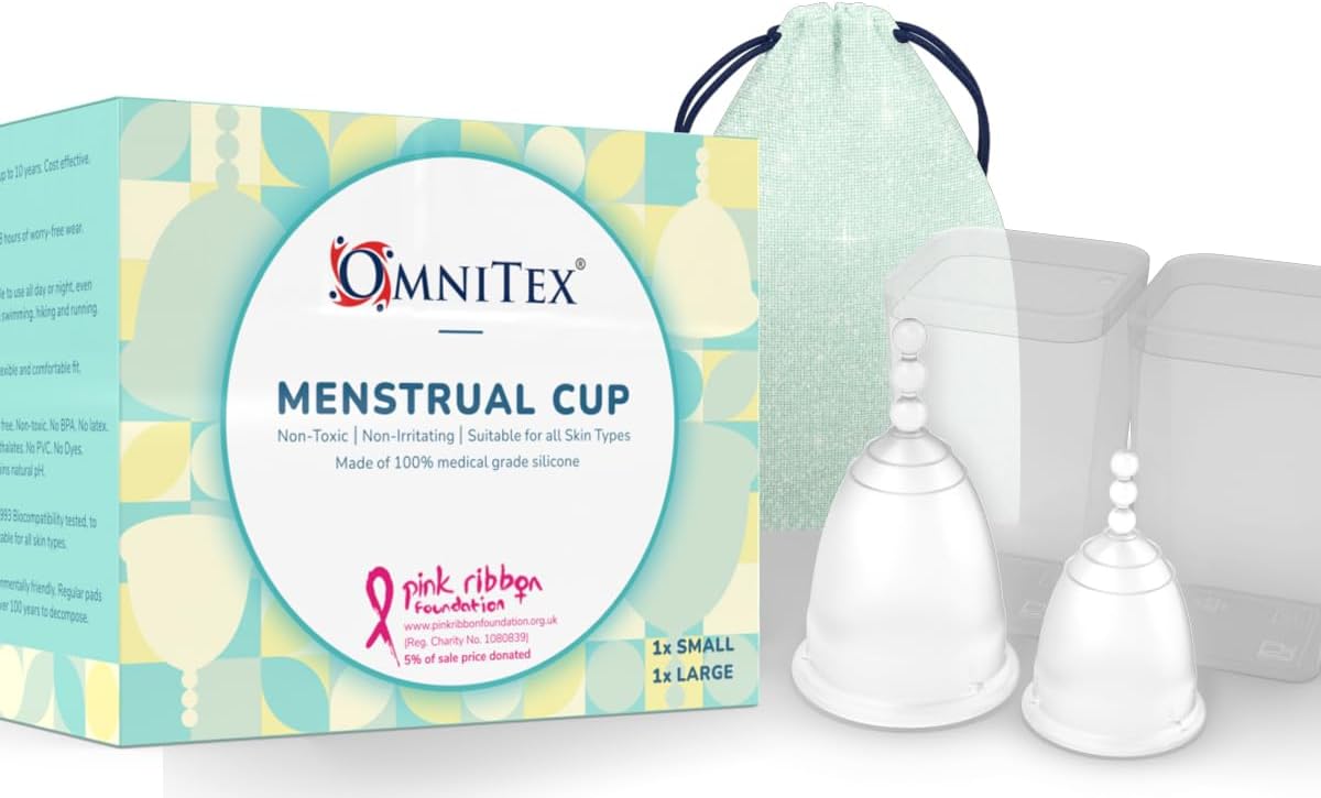 2pk Omnitex Menstrual Cups for Breast Cancer | 100% Pure Medical Grade Silicone | Safe Eco-Friendly Tampon & Pad Alternative | Non-Toxic ISO10993 Tested | BPA & Latex-Free, Mix Pack Small & Large Cup