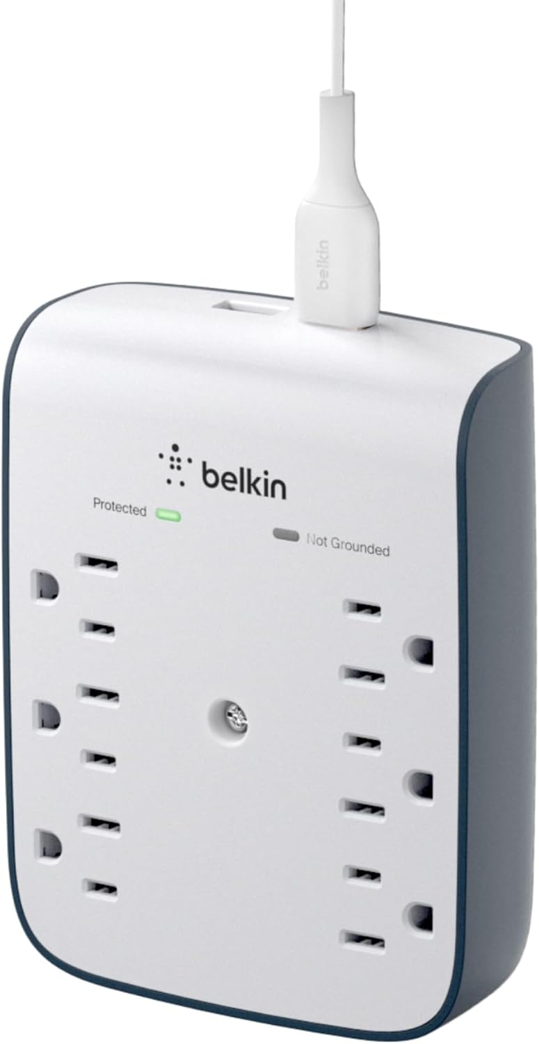 Belkin 6-Outlet Wall Surge Protector w/ 2 USB-A Ports, Wall-Mountable Surge Protector for Home, Office, Travel, Computer Desktop, Laptop, Phone Charger, & More - 900 Joules of Protection