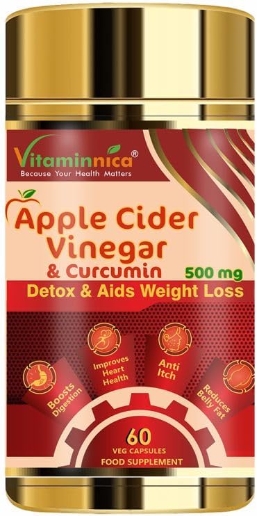 Vitaminnica Apple Cider Vinegar with Curcumin for Gut Healing & Black Pepper Extract for Better Absorption, 60 Vegan Capsules, Supports Weight Management and Digestive Health