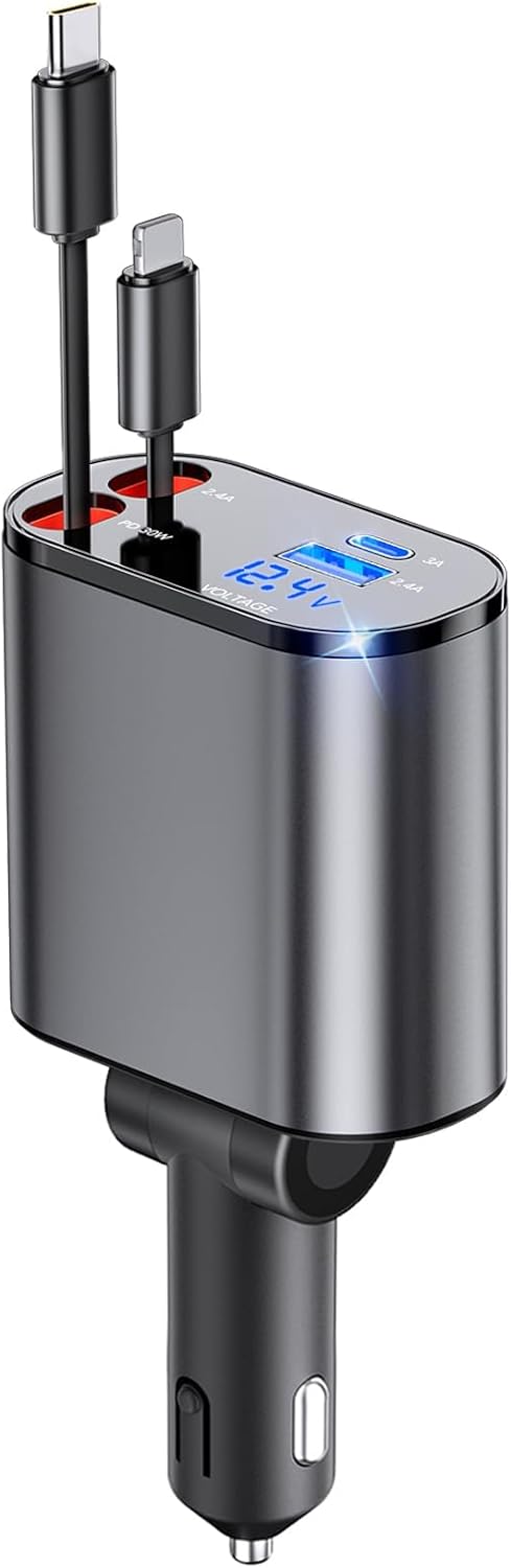 Retractable Car Charger, 4 in 1 Fast Car Phone Charger 66W, 2 Retractable Cables and USB Car Charger, Compatible with iPhone 16/15/14/13/12/11,Galaxy,Pixel
