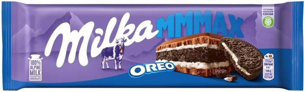 Milka Mmmax with OREO Chocolate Bar, Alpine Milk Chocolate with Cocoa Biscuit Pieces & Dairy Cream Filling, 300g