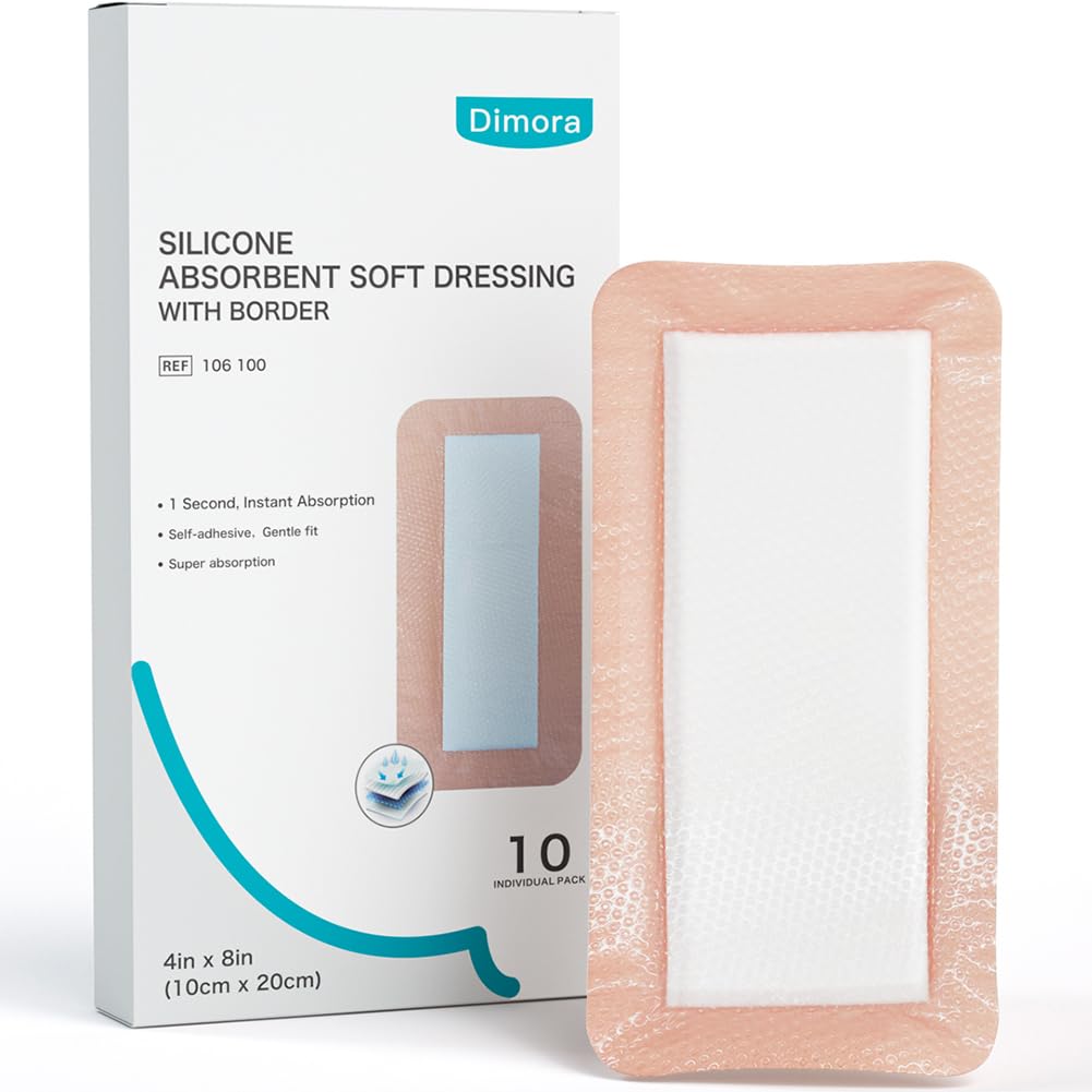 Dimora Silicone Ultra Absorbent Dressing Pads - Adhesive Wound Bandage with Gentle Border, Waterproof Soft Gauze for Post Surgical and Bed Sore Exudate Management 4"X 8" 10 Packs