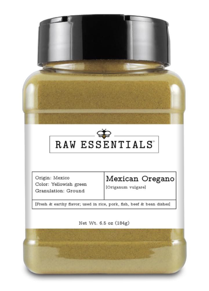 Raw Essentials Mexican Oregano Ground | Fresh & Earthy Flavor Used in Rice, Pork, Beef, & Veggie Dishes | Non-GMO, Gluten Free, Paleo, & Vegan | 6.5 Ounce Bottle