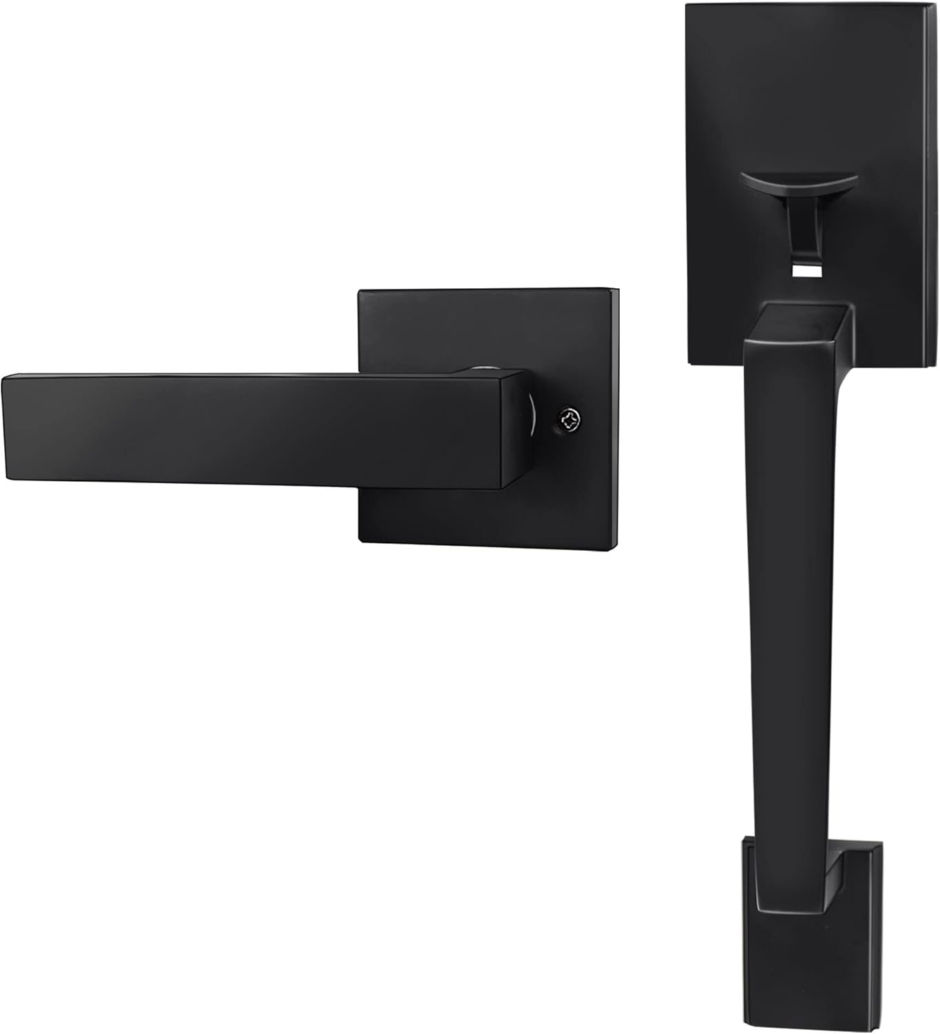 Azdele Matte Black Front Door Handle Set with Reversible Lever - Exterior Door Handle Set for Right or Left Handed Doors, Front Door Handle Matte Black