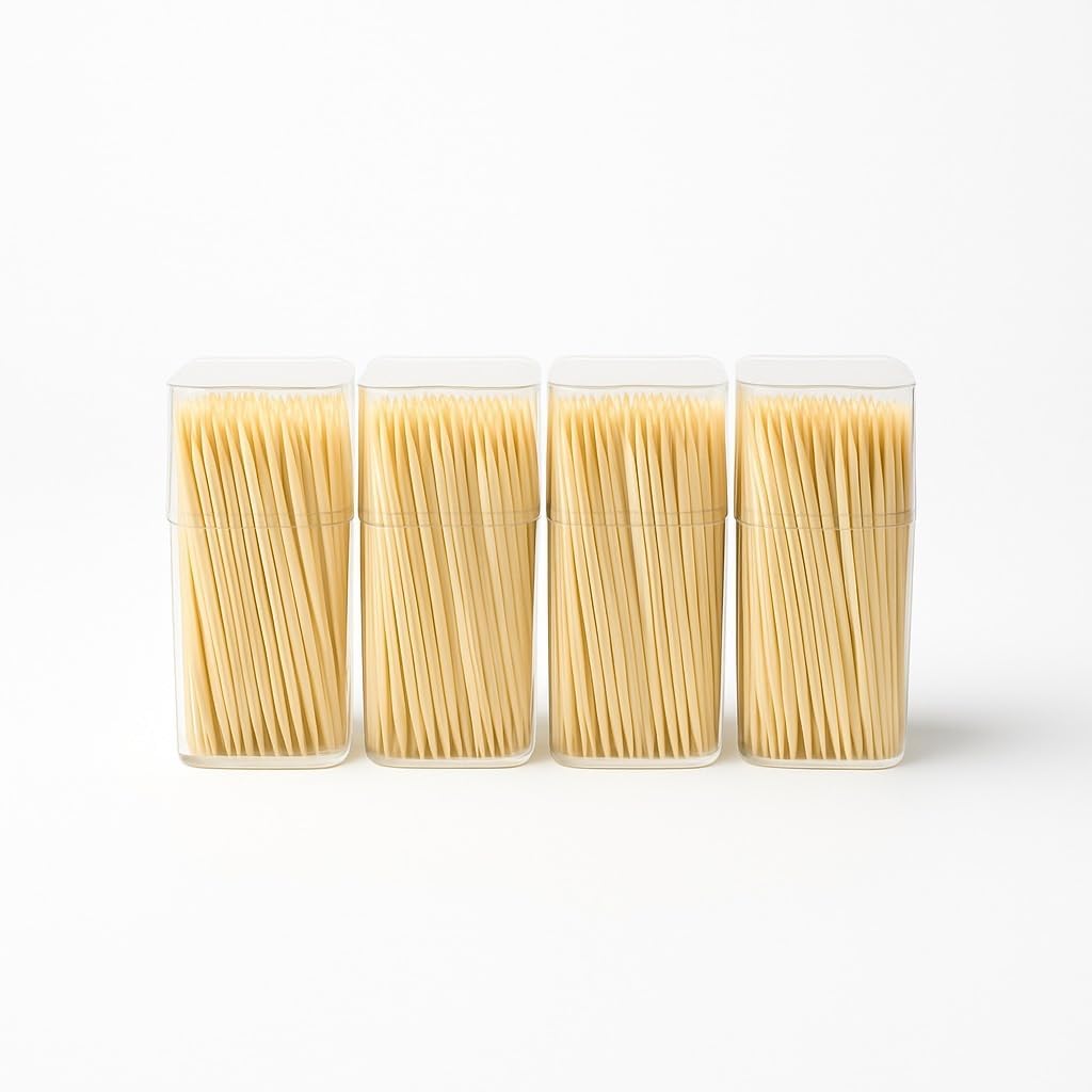 600pcs Bamboo Toothpick Round Cocktail Wooden Sticks with Storage Holder Double Pointed Wood Teeth Picks for Personal Hygiene Appetizer Dental Picking Party Buffet Barbecue Fruits Cherry Cheese (6cm)