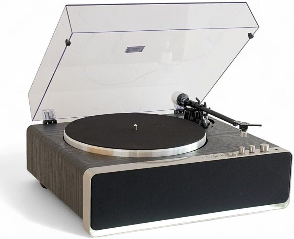 Steepletone Richmond Record Player, Bluetooth, 30W Built in Speakers, with Aluminum platter, Belt Drive 2-Speed, Adjustable Counterweight, AT-3600L, Tone & Bass Controls (Black Wood)