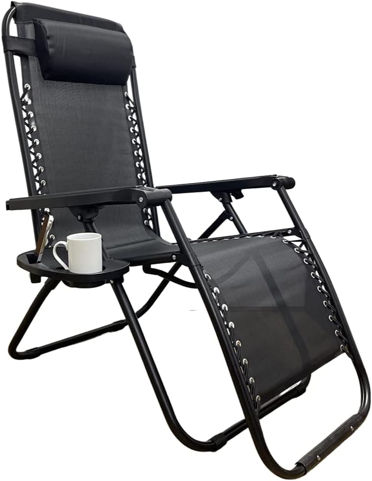 REQUISITE NEEDS Zero Gravity Chair Heavy Duty Textoline Outdoor & Garden Sunloungers Reclining, Folding Chair, Relaxer Chairs with Cup Holder and Headrest Pillow (1, BLACK)