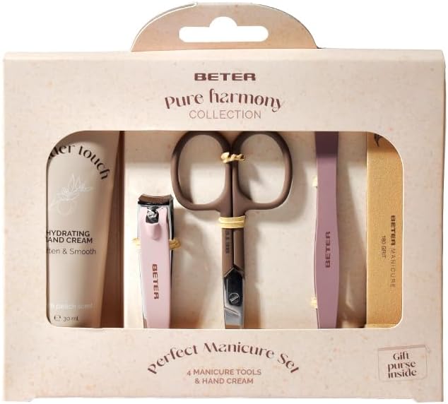 Beter - Pure Harmony Manicure Set, 4-Piece Set (Nail File, Tweezers, Nail Scissors, Nail Clipper) + Hand Cream and Cloth Bag, Perfect for Gift, Christmas, Nail and Hand Care Kit