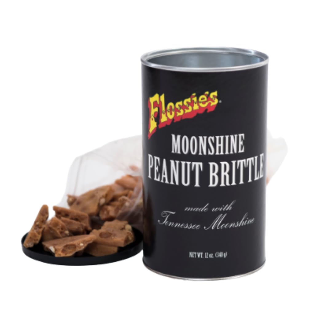 Flossie's Tennessee Moonshine Classic Peanut Brittle, Handmade Crunchy Candied Peanuts w/Touch of Southern Nostalgia, Authentic Recipe in Can, 12 oz