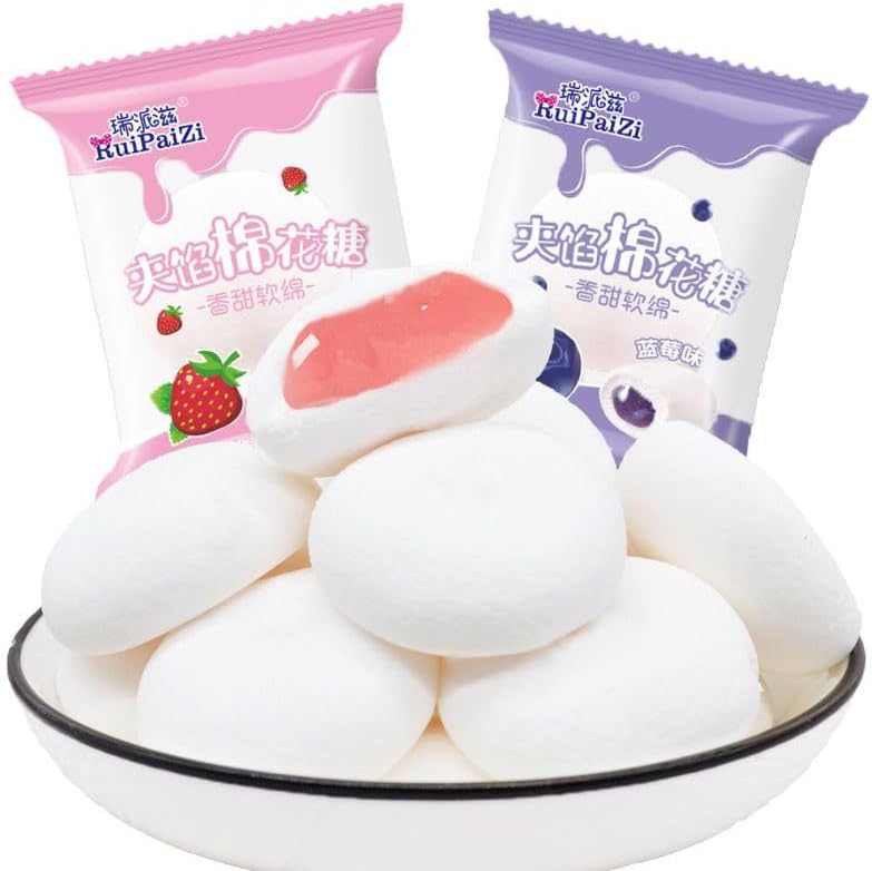 Strawberry Juice Filled Gummies Candy, Blueberry cotton Candies, Fruit Jam Fudge, Mixed Fruit Marshmallows, Chewy Soft Candy Desserts, Chinese Candies, Casual Snacks (Mixed Flavor,10 bag)
