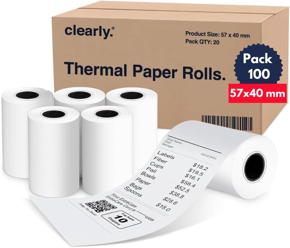 Clearly Till Roll, Box of 100 Till Rolls, 57x40mm, Thermal Paper for POS Systems, BPA-Free White Paper Roll