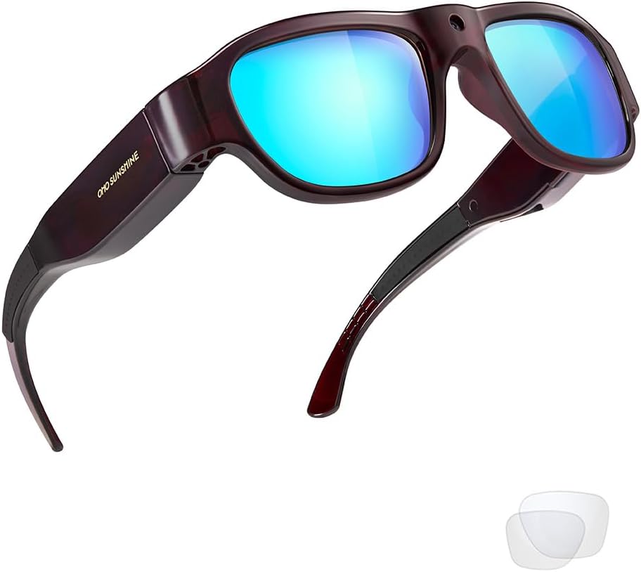 OhO sunshine High Resolution Camera Glasses, 64GB Full HD 1080P Video Indoor and Outdoor with Built in 16MP Camera and Blue Polarized UV400 Lens
