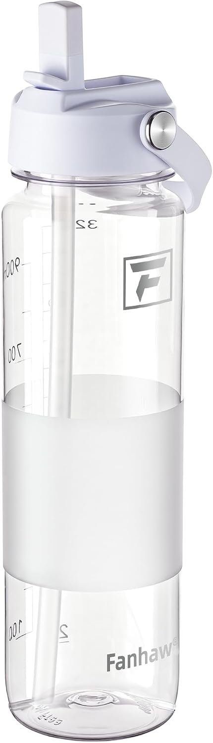 Fanhaw 32 oz Clear Plastic Water Bottle, Straw Lid, Clear & White