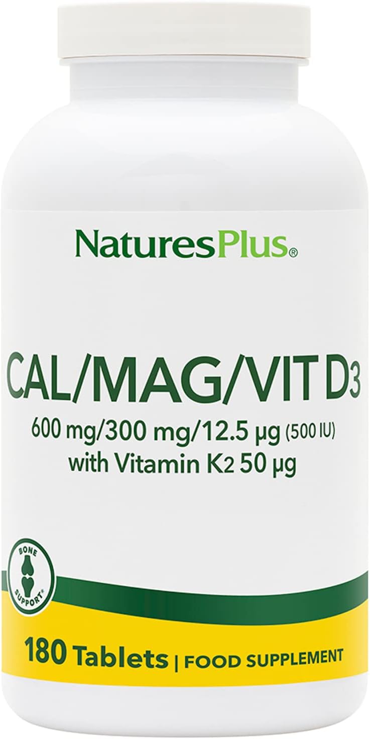 NaturesPlus Cal/Mag/VIT D3 with K2 - Bone Health Supplement with Calcium, Magnesium, Vitamin D3, K2 - Vegetarian, Gluten Free - 180 Tablets