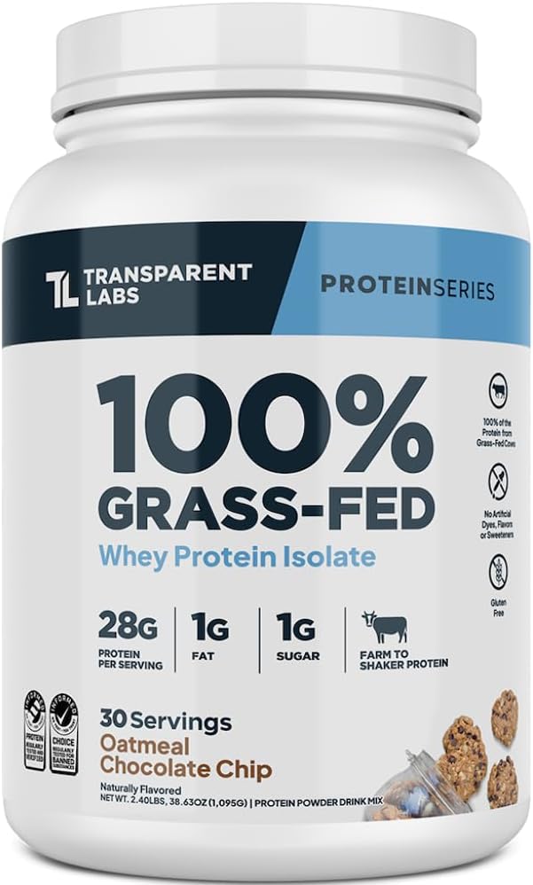Transparent Labs Grass-Fed Whey Protein Isolate - Naturally Flavored, Gluten Free Whey Protein Powder with 28g of Protein per Serving & 9 Amino Acids - 30 Servings, Oatmeal Chocolate Chip Cookie
