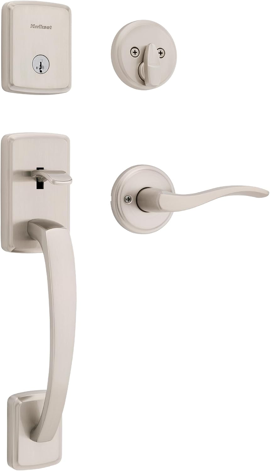 Kwikset Brentford Front Door Lock Handle and Deadbolt Set, Entry Handleset with Sedona Reversible Lever, Satin Nickel, Pick Resistant SmartKey Rekey Deadbolt Security, with Microban Protection