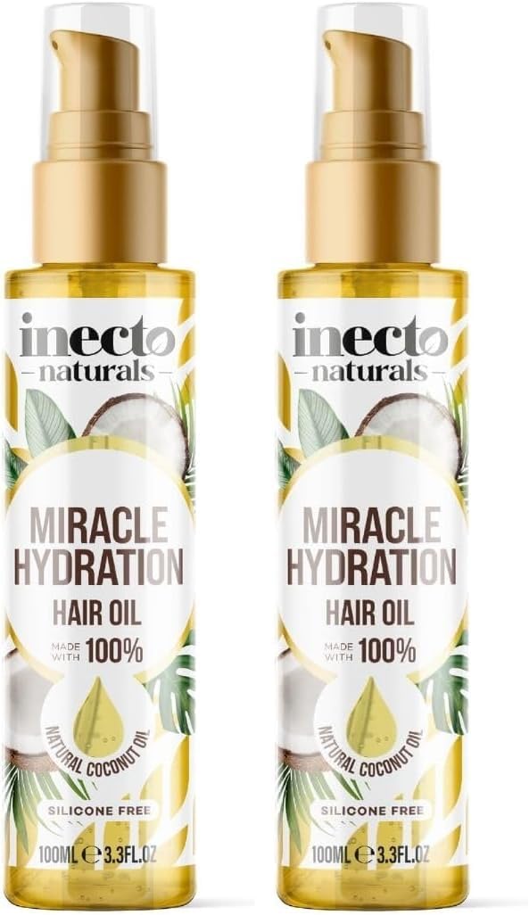 INECTO Naturals Miracle Hydration Hair Oil 100ml, Silicone Free, Vegan Formula. Lightweight for Shiny, Stronger, Conditioned Hair (Pack of 2)