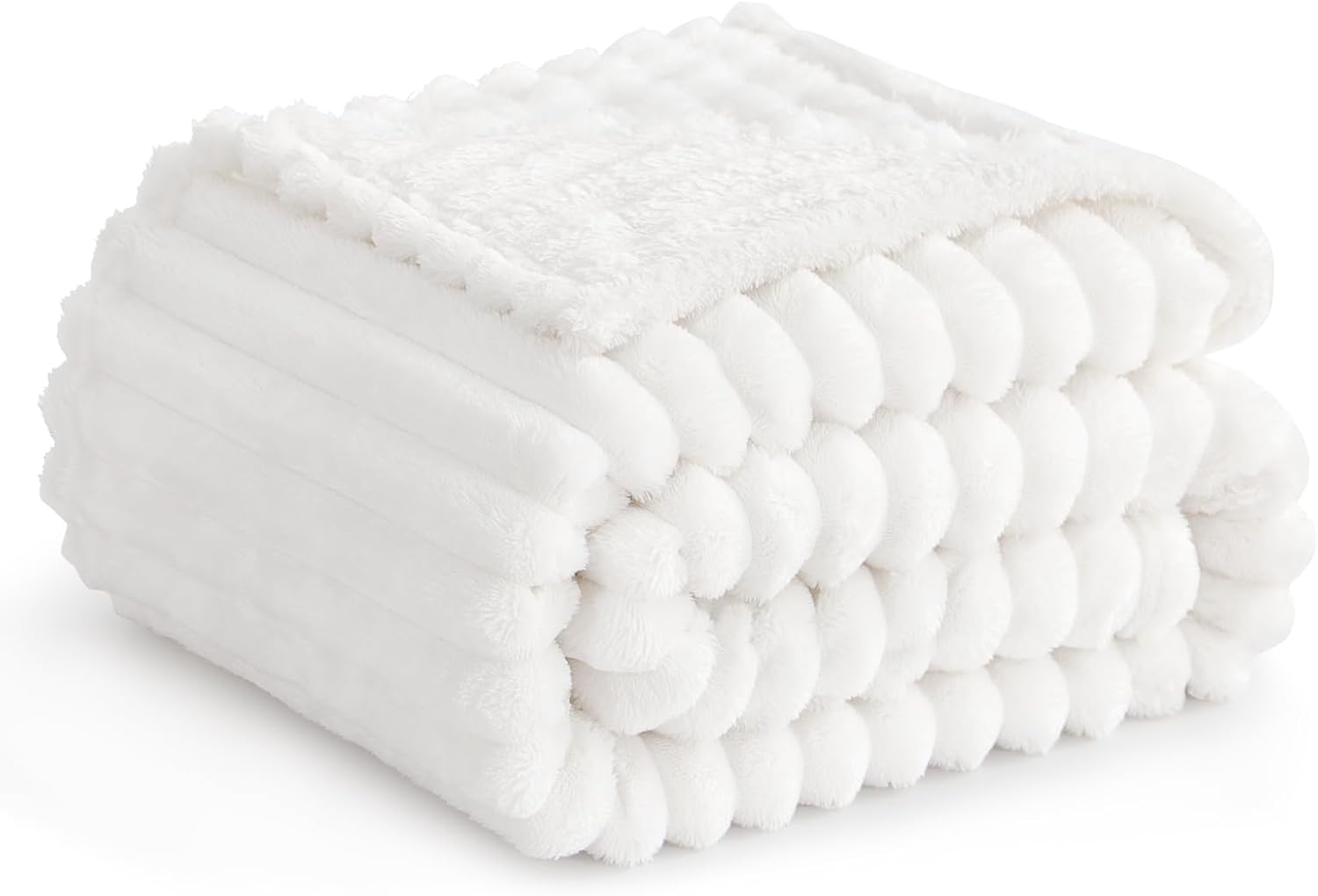 RUIKASI Fleece Throw Blanket for Sofa - Single Fluffy White Throws for Sofas Large, Soft Warm Blanket Throw for Couch, Luxury Decorative Ribbed Bed Blanket 130x150cm