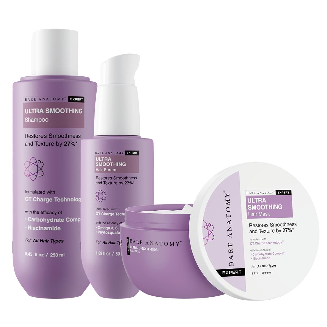 Bare Anatomy Ultra Smoothing Shampoo + Hair Mask + Serum Kit | Carbohydrate Complex & Niacinamide | Dry & Frizzy Hair | Paraben & Sulphate Free | Women & Men | 250ml + 250g + 50ml