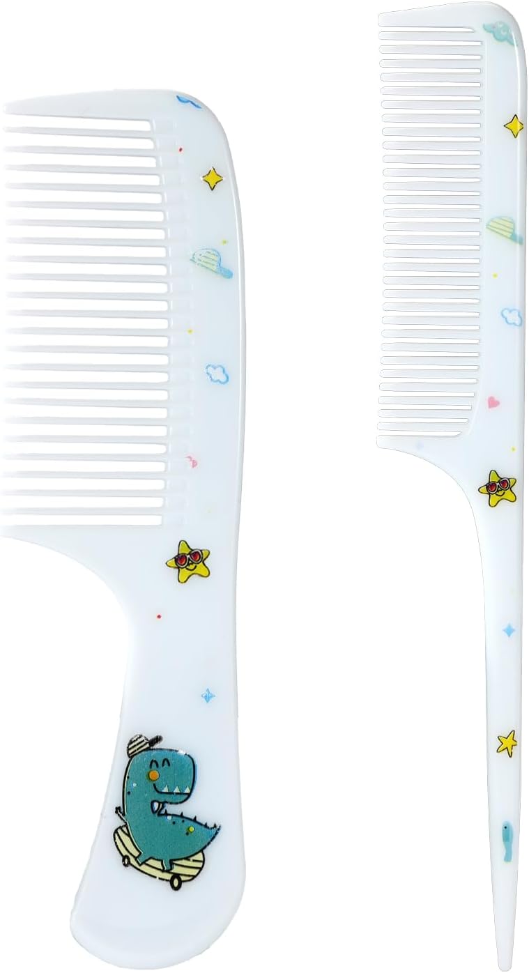 2pcs Blue Cute Hair Combs Set for Girls, Fine Tooth Comb & Rat Tail Styling Comb, Mini Baby Plastic Hairbrush Tools Accessories for Toddlers Kids Women All Hair Types (Dinosaur)