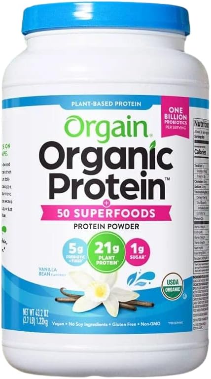 Orgain Organic Plant Based Protein Powder, Vegan, Non-GMO, Gluten Free, 1 Count, Packaging May Vary (Vanilla Bean, 2.74 Pound)