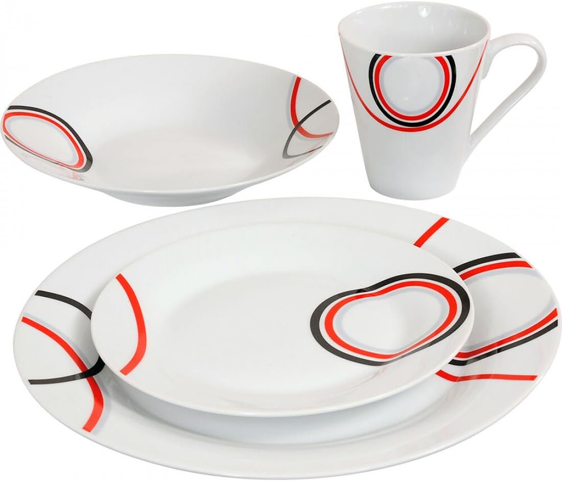 16 Piece Dinner Set - Red & Black Patterns Dinnerware Set | 4 Bowls, 4 Side Plates, 4 Mugs, 4 Soup Plates | Kitchen Microwave & Dishwasher Safe - for Cereal, Desserts, Porcelain Cup