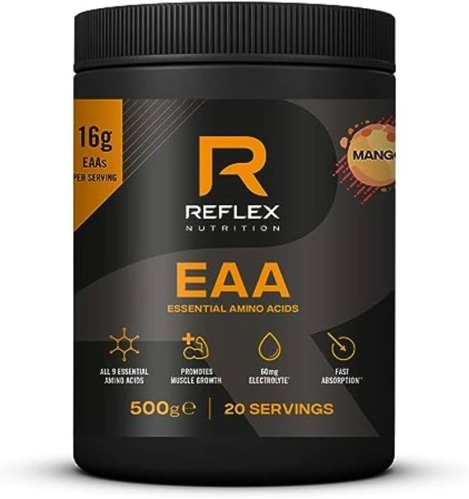 Reflex Nutrition EAA - Complete Essential Amino Acids - 16g EAAs with BCAAs, Vitamin B6, Electrolytes - Full Spectrum Amino Acids Powder for Muscle Growth & Recovery (Mango, 500g, 20 servings)