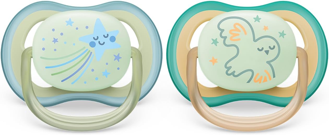 Philips Avent Ultra air Soother - 2 x Light, Breathable Glow-in-The-Dark Baby Soothers for Babies Aged 0-6 Months, BPA-Free with Steriliser Carry Case (Model SCF376/18)