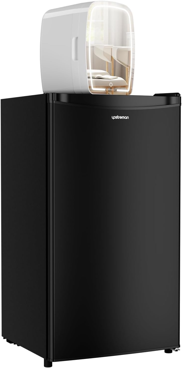 Upstreman BR321A, 3.2 Cu.Ft Mini Fridge and 6L Skincare Fridge in 1 Package, Dimmable LED Light Mirror, Energy Star, Portable Small Refrigerator for Cosmetics, Small Fridge for Bedroom and Dorm