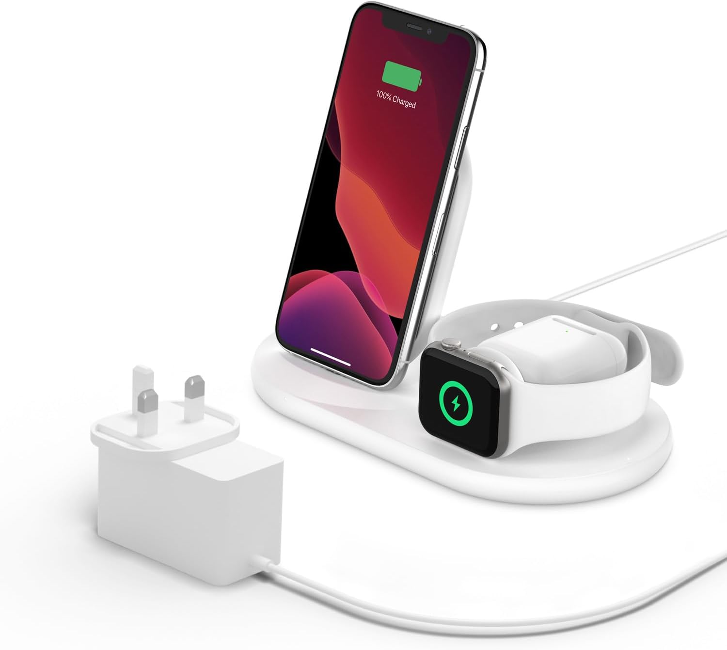 Belkin 3-in-1 Wireless Charger (7.5W Charging Station for iPhone, Apple Watch and AirPods) Charging Dock, Apple Watch series 8, 7, 6 Charging Stand - White