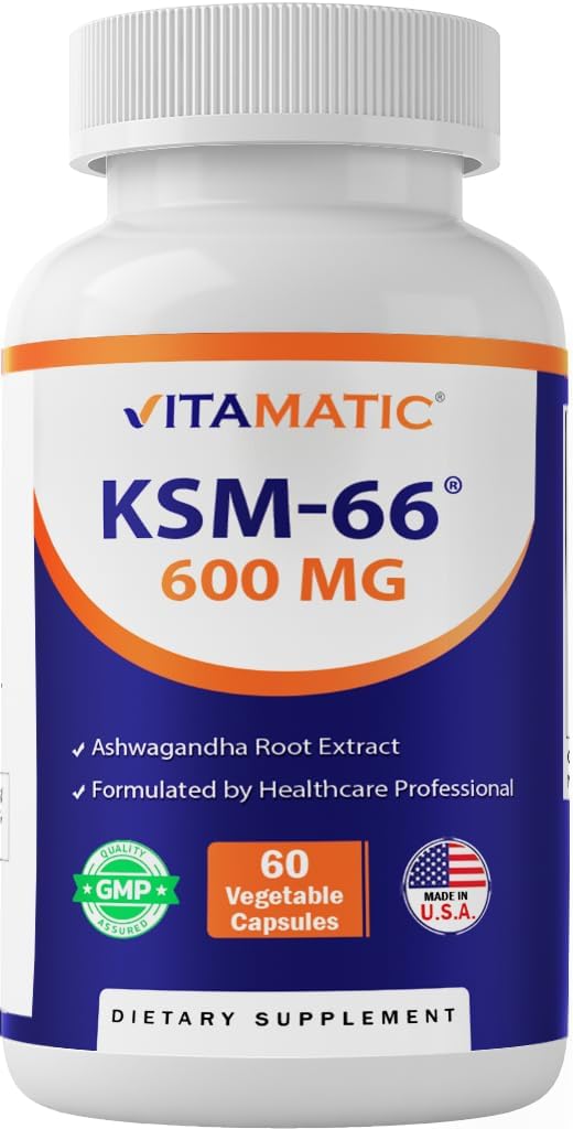 Vitamatic KSM-66 Ashwagandha Root Extract + Bioperine - 600mg, 60 Veggie Caps (1200 mg per 2 Capsules)