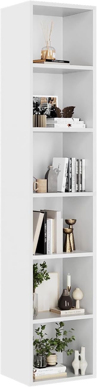 oneinmil Tall Narrow Bookcase, 6 Tier Bookshelf Display Rack, Modern Corner Cube with Open Storage Space, Storage Shelves for Home Office, Living Room, Bedroom, White