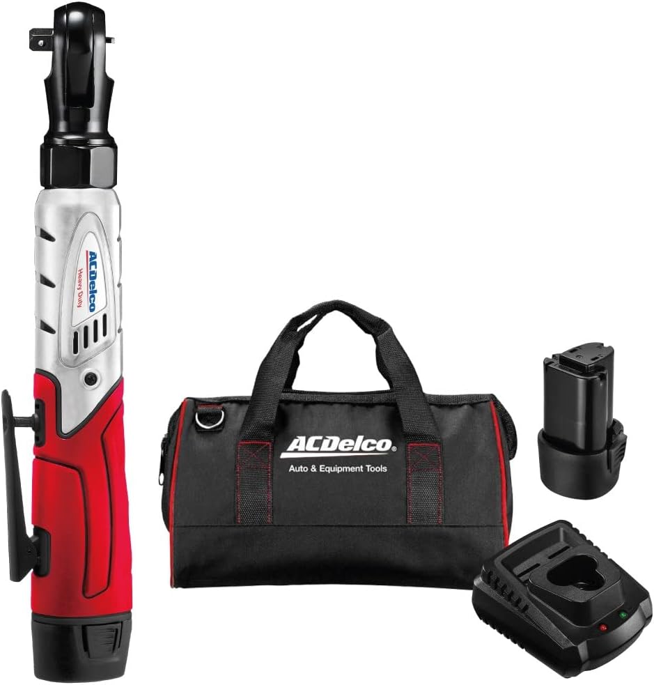 ACDelco ARW1208-P2G Lithium-Ion 12V (10.8V) 3/8 Electric Heavy Duty Cordless Ratchet Wrench Set Power Tool Kit | Tool Set Includes x2 Battery Packs, x1 Charger & Canvas Bag