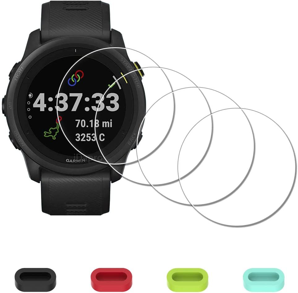 [4 Pack] Screen Protector for Garmin Forerunner 745 Running/Triathlon Smartwatch + Silicone Anti-dust Plugs Tempered Glass Anti-Scratch Bubble-Free