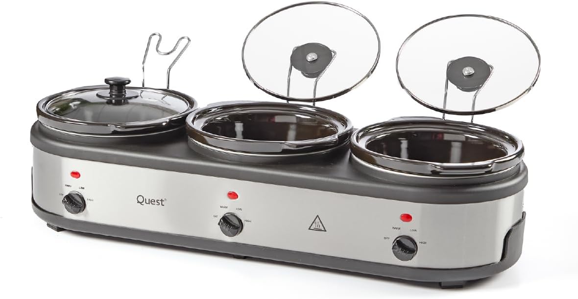 Quest 16530 3 Pot Electric Slow Cooker, Buffet Server & Food Warmer / 3 Large Sized 2.5 Litre Ceramic Pots/Lids & Lid Stands / 3 Heat Settings/Silver Stainless Steel Finish