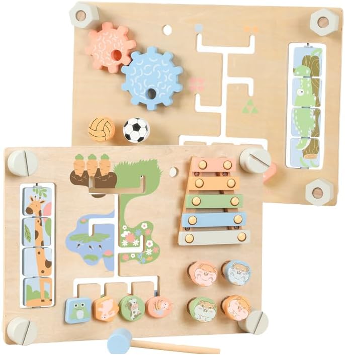 S.E.Q quick.simple.easy Montessori Wooden Animal Activity Board for Toddlers – Musical Busy Board with Xylophone, Animal Maze & Gears – Early Learning Fine Motor Toy for Kids Ages 3-8 Double-Sided