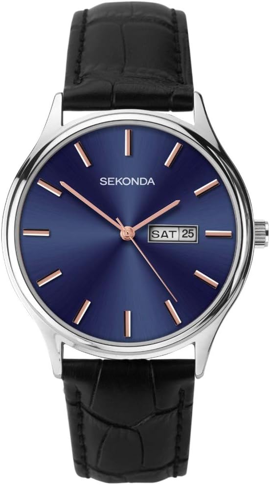 Sekonda Black Leather Midnight Blue and Rose-Gold Dial Watch 1701