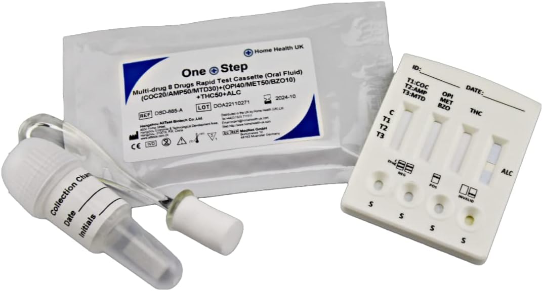 Saliva Drug Test - Testing Kit - 8 Drugs Tested - Cannabis, Cocaine, Amphetamine, Methamphetamine, Benzodiazepine, Methadone, Opiates & Alcohol