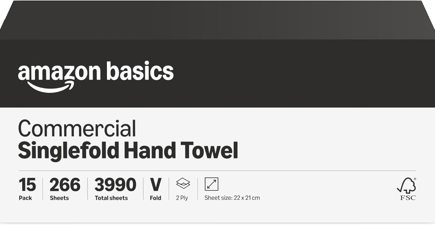 AmazonCommercial Singlefold (V-Fold / ZZ-Fold) Paper Hand Towels, 2-ply Cellulose, 3990 Sheets (15 packs of 266), Sheet Size: 22 x 21 cm, H3 Dispenser Compatible