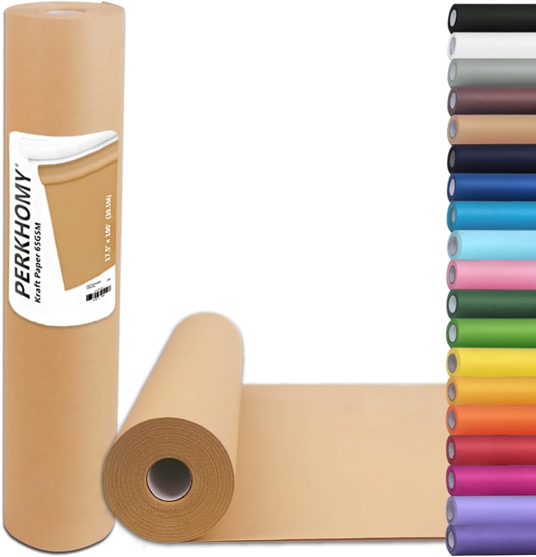 PerkHomy Brown Kraft Paper Roll 17.5" x 1,200" (100') for Gift Wrapping Bulletin Board Craft Art Bouquet Flower Packing Moving Shipping Floor Covering Table 70GSM 50LB (Brown, 17.5" x 100')