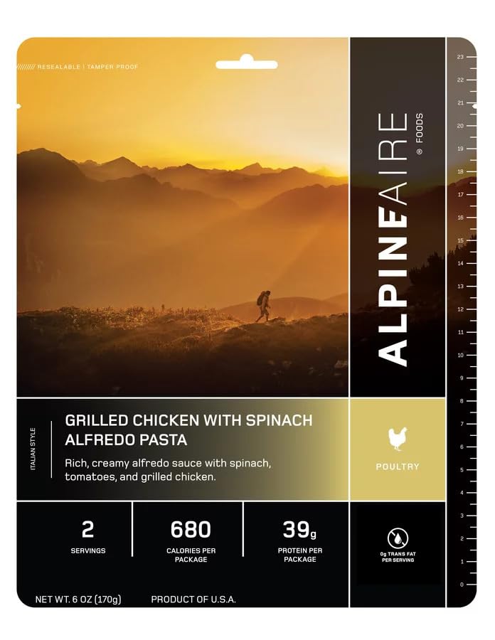 AlpineAire Grilled Chicken with Spinach Alfredo Pasta 6 Oz Freeze-Dried Meal, 680 Calories, 39g Protein, Gluten Free 2 Servings Made in USA Perfect for Camping, Hiking and Emergency Food Pack of 1