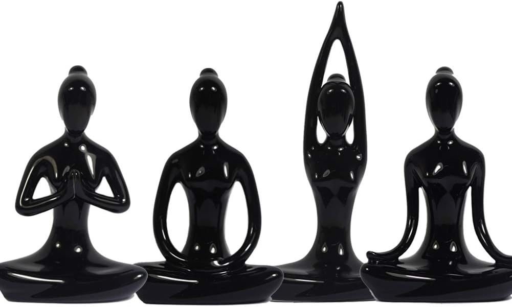 YANGMEI 3.25" BLACK Set of 4 Home Decorative Porcelain Ceramic Yoga Pose Yoga Figurine Statue, Meditation Room Yoga Instructor Collection Gifts for Yoga Lovers Women Yogi Freak