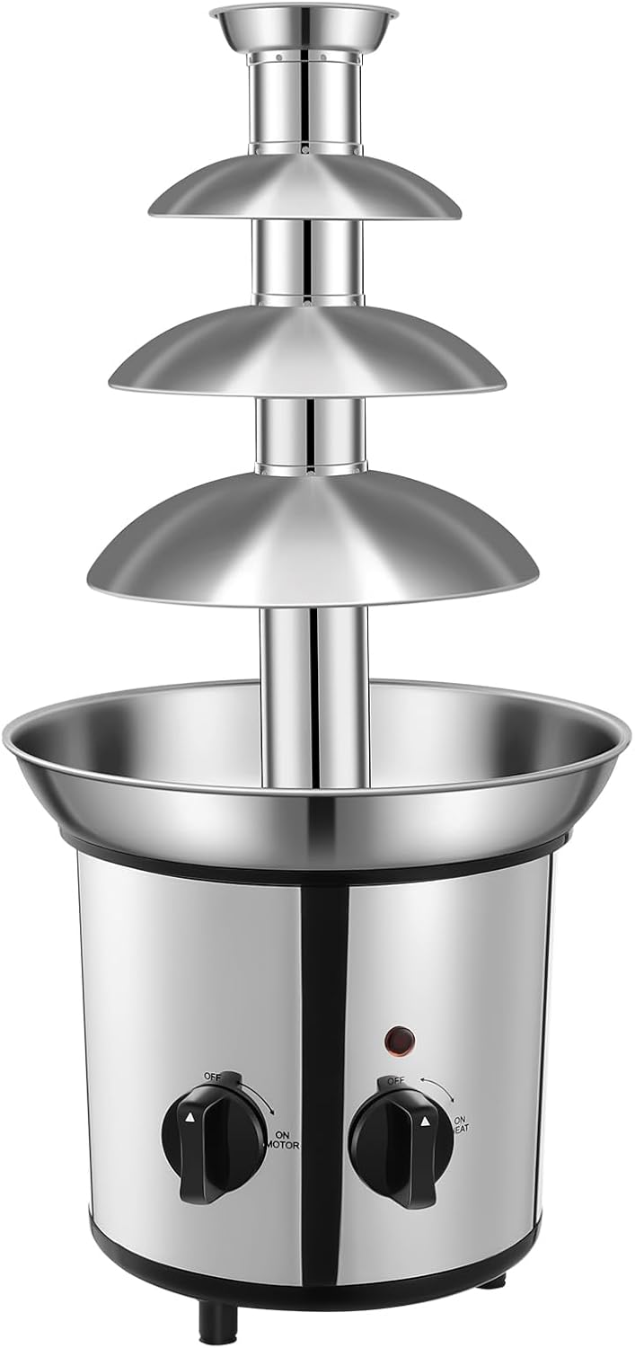 Chocolate Fountain Machine – Electric Stainless Steel Fondue Fountain, 4-Tier, 4-Pound Capacity for Chocolate, Candy, Butter & Cheese, Heated Bowl & Dual Controls